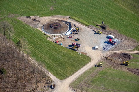 Aerial view, construction site for wind turbine wind power plant at Eichenberg, meadows and fields,
