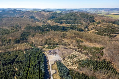 Aerial photo, construction site for wind turbine, forest damage at Eichenberg, Amecke, Sundern,