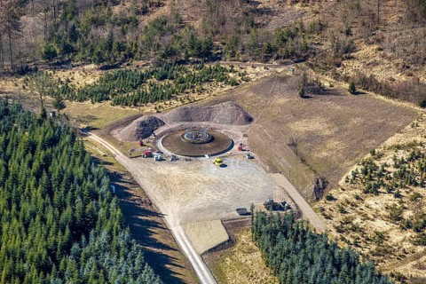 Aerial photo, construction site for wind turbine, forest damage at Eichenberg, Amecke, Sundern,