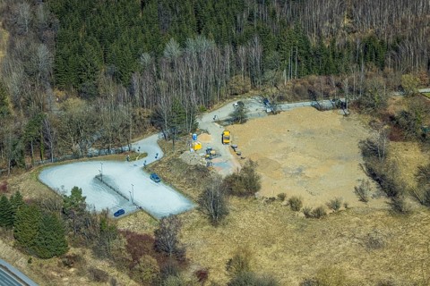 Aerial view, construction site former outdoor swimming pool at the Seestraße, Amecke, Sundern,