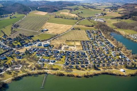 Aerial view, Sorpesee, new residential area Westufer in Amecke, Sundern, Sauerland, North