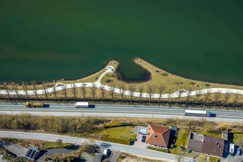 Aerial view, Sorpesee, hiking trail and bay at the Seestraße in Amecke, Sundern, Sauerland, North