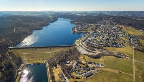 Aerial view, Lake Sorpe with dam, Langscheid, Sundern, Sauerland, North Rhine-Westphalia, Germany,