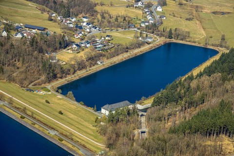 Aerial view, Sorpesee, equalising basin, Hachen, Sundern, Sauerland, North Rhine-Westphalia,