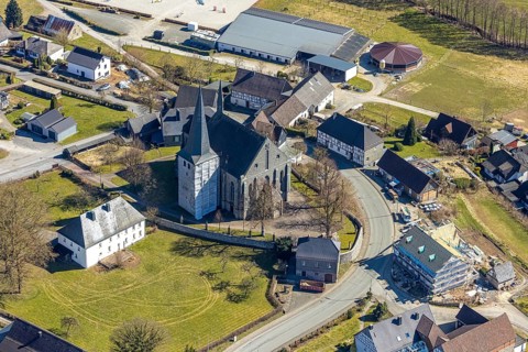 Aerial view, construction work on the steeple of St. Martinus Church, behind riding centre