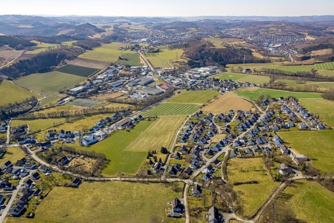 Aerial view, residential area and commercial area local view Westenfeld, Sundern, Sauerland, North