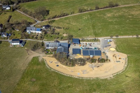 Aerial view, Japes-Schulte horse boarding farm in Bainghausen, houses with solar roof, Westenfeld,