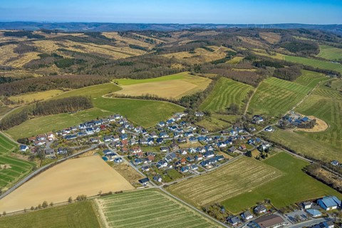 Aerial view, residential area local view district Bainghausen, surrounded by meadows and fields,