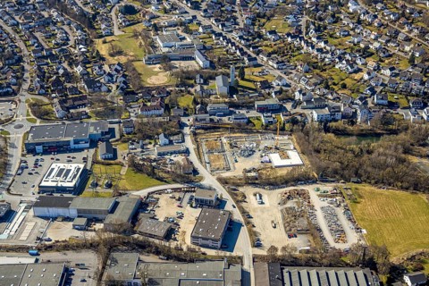Aerial view, construction site at Ewiger Weg, behind Christkönigkirche Sundern and