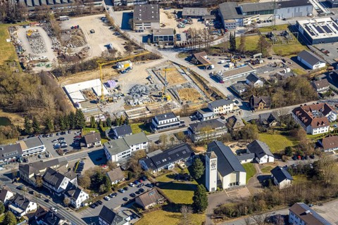 Aerial view, construction site at Ewiger Weg, Christkönigkirche Sundern, residential area