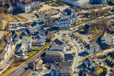 Aerial view, railway station and end of the railway line, crossing of Hauptstraße with Sunderland