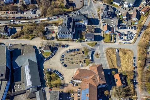 Aerial view, town hall square, Sunderland Hotel, Sundern, Sauerland, North Rhine-Westphalia,