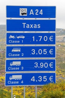 Tolls on the Portuguese motorways, road sign, MondrÃµes, Vila Real district, Portugal, Europe,