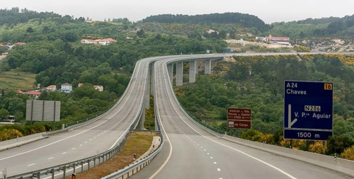 Motorway A24, motorway bridge, MondrÃµes, Vila Real district, Portugal, Europe, Mondräes, aerial