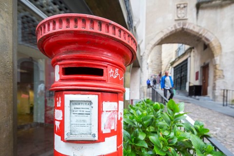 Red letterbox column, Coimbra, Coimbra district, Portugal, Europe, aerial view, birds-eyes view,