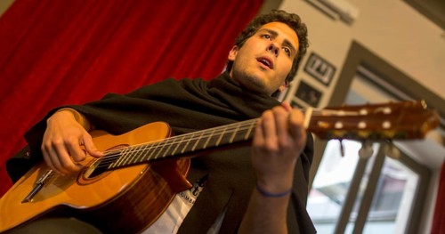 Fado singer in a cultural centre, Coimbra, Coimbra district, Portugal, Europe, aerial view,