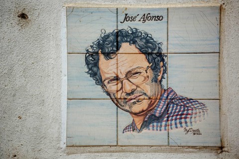Artist and political singer Jose Alfonso, painted tiles, azulejos, old town of Coimbra, Coimbra,