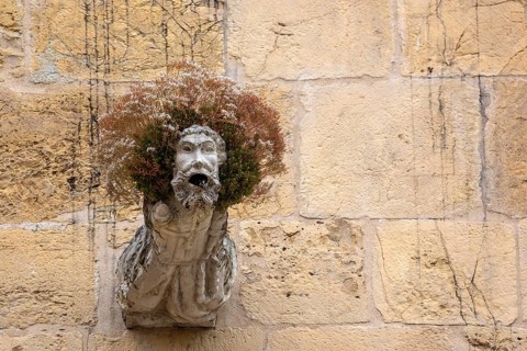 Gargoyle, Rain spout on the church facade Old Cathedral (Sé Velha), Old Town of Coimbra, Coimbra,