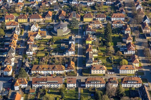 Aerial view, residential area housing estate, terraced houses with red roofs between Müllingser Weg