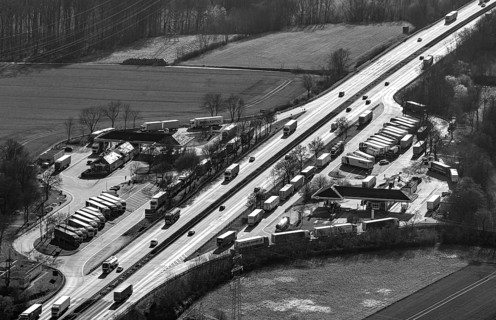 Aerial photo, Serways service area Soester Börde on the A44 motorway, truck parking, black and