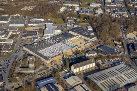 Aerial view, commercial area Lange Wende with Delta Energy Systems (Deutschland) GmbH, Soest,