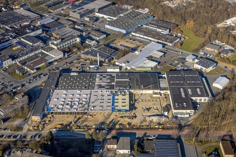 Aerial view, commercial area Lange Wende with Delta Energy Systems (Deutschland) GmbH, Soest,