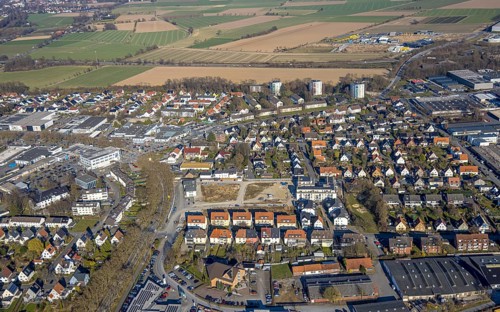 Aerial view, residential area between Elfser Weg and Riga-Ring, construction site Coca-Cola