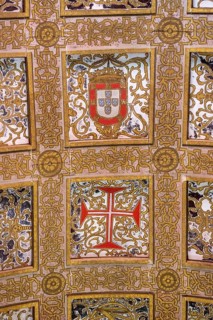 Hall with coffered ceiling and flag of historical Portugal, Fortress of Tomar, Castle of the