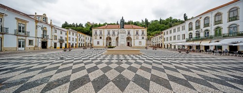 Market square and town hall with the geometric plate patterns, Tomar, Santarém district, Portugal,