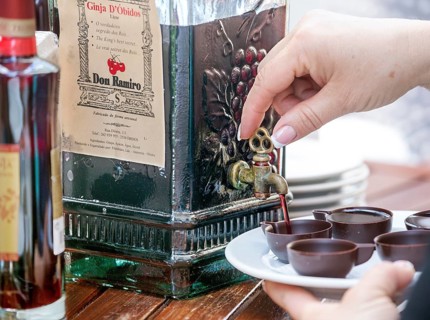 Coffee liqueur served in chocolate cups, a local speciality, Ãbidos, Leiria district, Portugal,