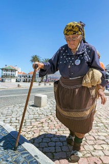Old fisherman's woman in Nazaré, Leiria district, Portugal, Europe, Nazaré, aerial view, birds-eyes