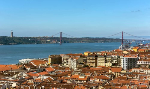 View from the castle Castelo de São Jorge to the old town of Lisbon, Lisbon, Lisbon district,