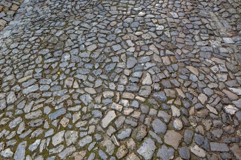 Cobblestones in the alleys of Óbidos, Leiria district, Portugal, Europe, Óbidos, aerial view,