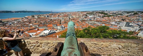 Medieval cannon, view from the castle Castelo de São Jorge to the old town of Lisbon, Lisbon,