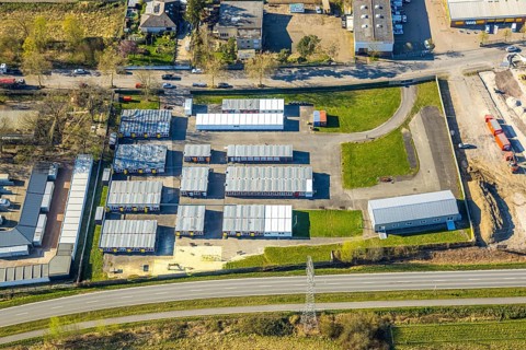 Aerial view, accommodation facility refugee accommodation container village Industriestraße, Selm,