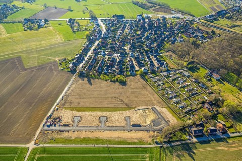 Aerial view, construction site and building area Josef-Lüffe-Park, new residential area, allotment