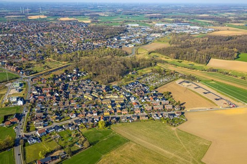 Aerial view, construction site and building area Josef-Lüffe-Park, new residential area, allotment