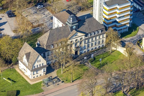 Aerial view, office building and tower block Adenauerplatz, Bork, Selm, Münsterland, North