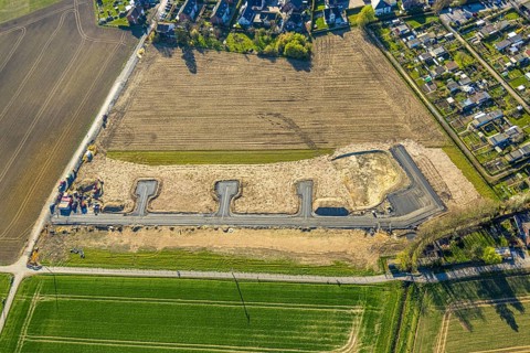 Aerial view, construction site and building area Josef-Lüffe-Park, new residential area, allotment