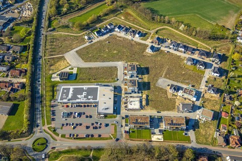 Aerial view, residential area Neuenkamp Am Alten Schützenplatz, construction site and new