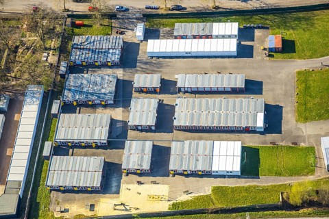 Aerial view, accommodation facility refugee accommodation container village Industriestraße, Selm,