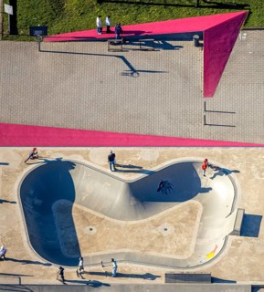 Aerial view, Campusplatz Nord with ground painting and skate park, Selm, Münsterland, North