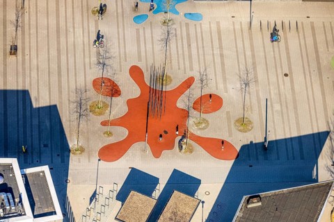 Aerial view, Campusplatz Süd with ground painting and resting places, Selm, Münsterland, North