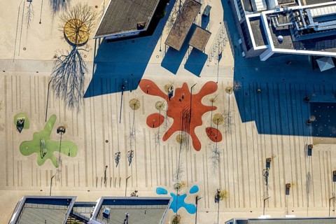 Aerial view, Campusplatz Süd with ground painting and resting places, Selm, Münsterland, North