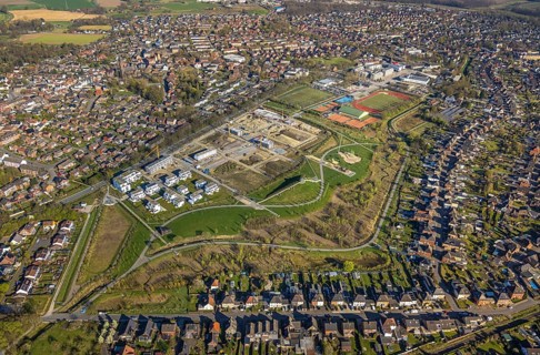 Aerial view, Living at Auenpark, Building area with new housing estate, Selm, Münsterland, North