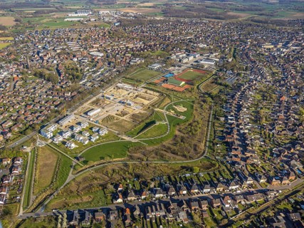 Aerial view, Living at Auenpark, Building area with new housing estate, Selm, Münsterland, North