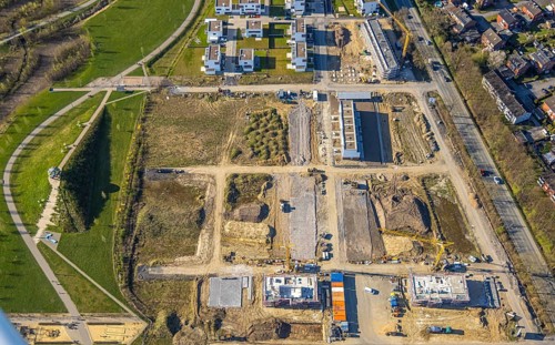 Aerial view, Living at Auenpark, Building area with new housing estate, Selm, Münsterland, North