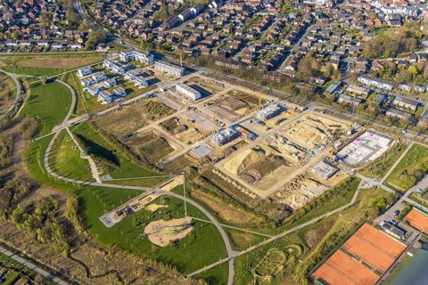 Aerial view, Living at Auenpark, Building area with new housing estate, Selm, Münsterland, North