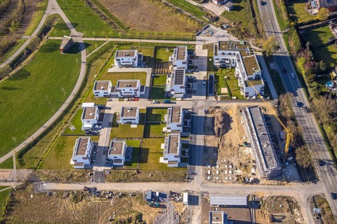Aerial view, Living at Auenpark, Building area with new housing estate, Selm, Münsterland, North