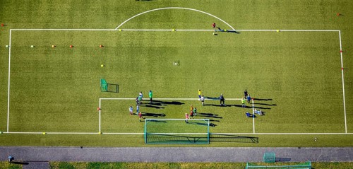 Aerial view, penalty area training match at Sparkassen Arena football stadium, Selm, Münsterland,